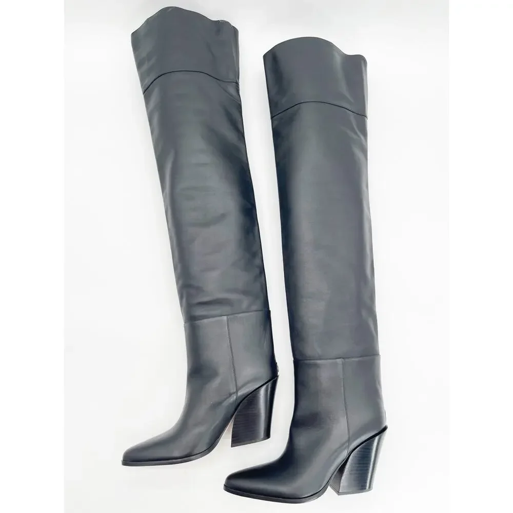 Jimmy Choo Cece 80 Black Pointed Toe Western OTK Block Heeled Boots IT 38.5